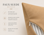 A close-up detail shot of a beige faux suede pillow cover with a zipper, next to text describing the material and features on a light cream background.