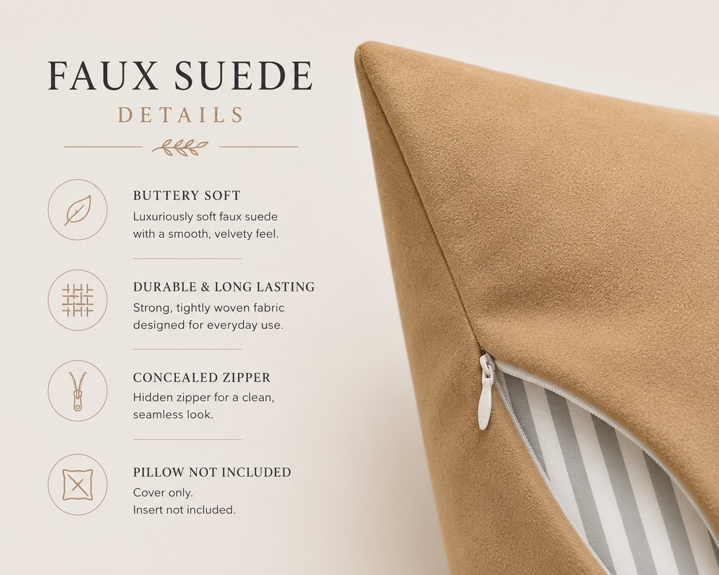A close-up detail shot of a beige faux suede pillow cover with a zipper, next to text describing the material and features on a light cream background.