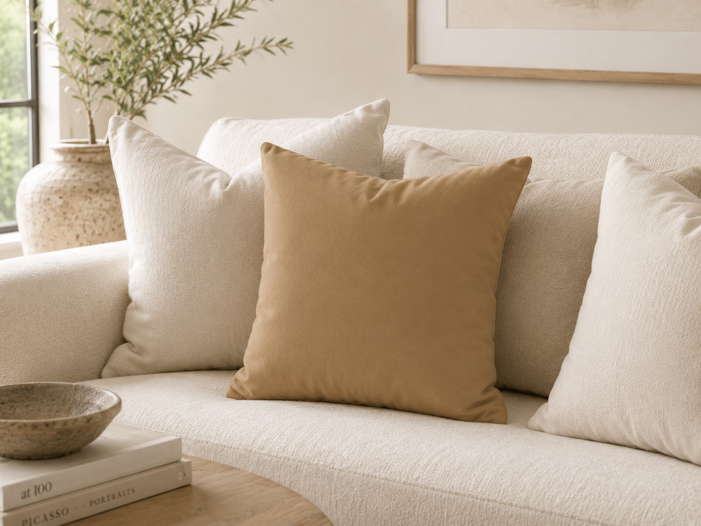 A styled living room scene showing a beige throw pillow centered on a cream-colored sofa, with matching cream pillows around it, a small wooden table with books and a bowl in the foreground, and a vase with greenery near a window in the background.