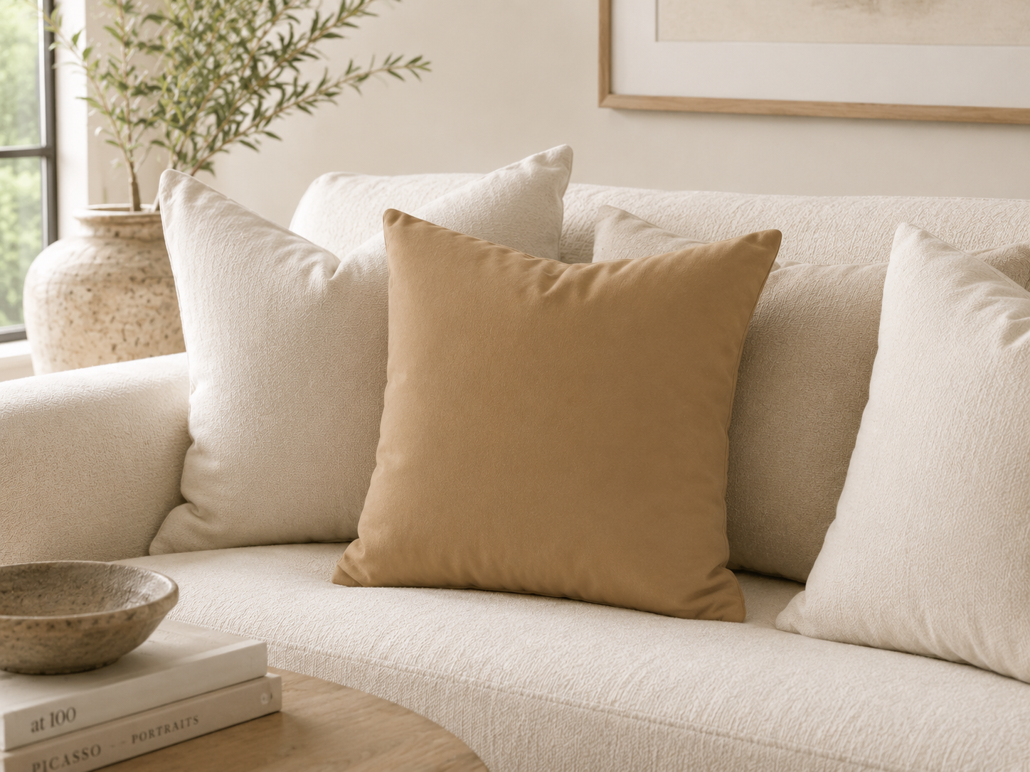A styled living room scene showing a beige throw pillow centered on a cream-colored sofa, with matching cream pillows around it, a small wooden table with books and a bowl in the foreground, and a vase with greenery near a window in the background.