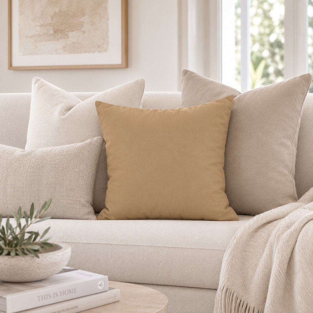 A styled living room scene showing a beige throw pillow centered on a light cream sofa, surrounded by neutral pillows and a cream throw blanket. A small plant and books sit on a round table in the foreground, with a bright window and framed wall art in the background.