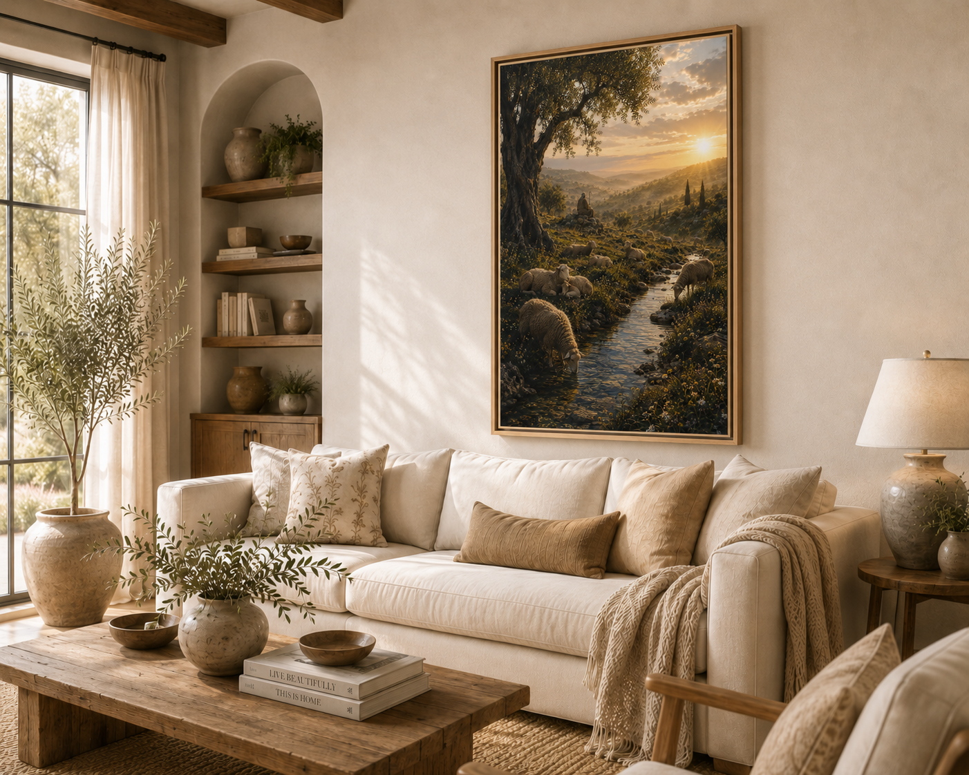 A framed landscape painting of a sunlit forest stream hangs on a beige wall above a cream sofa in a styled living room with shelves, a coffee table, and a lamp.