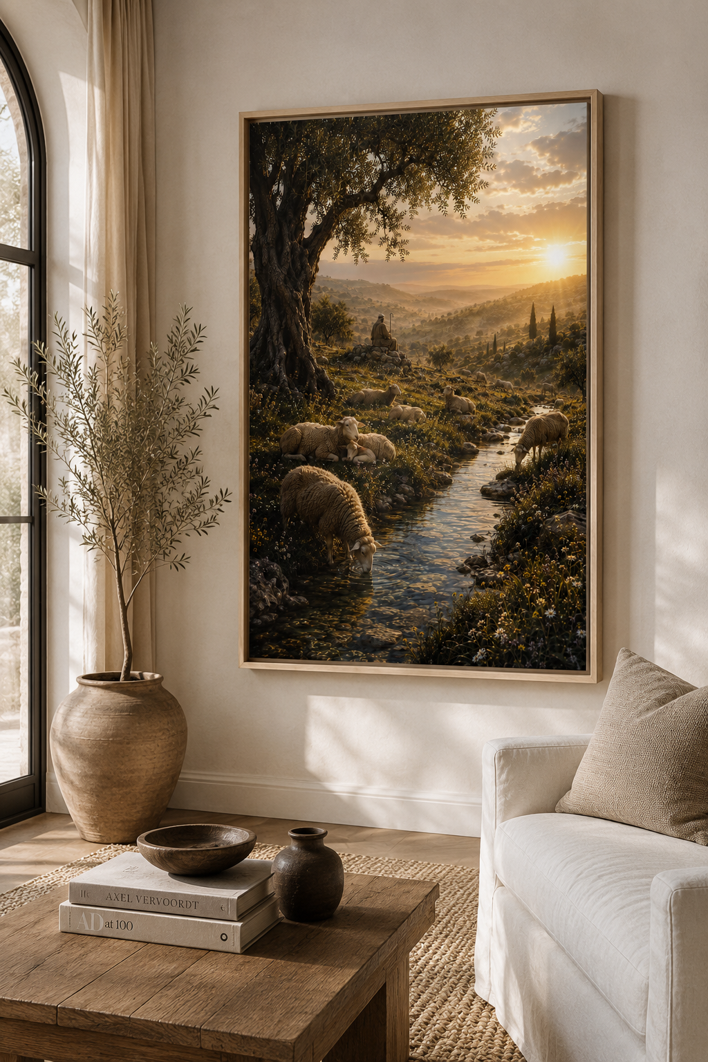A large framed landscape art print depicting sheep grazing by a river at sunset, displayed on a wall in a styled living room setting with a sofa, coffee table, and potted plant.