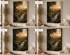 Four-panel comparison of a framed landscape wall art print shown in a living room setting, labeled NATURAL, WHITE, BLACK, and ESPRESSO. The artwork depicts a sunlit forest stream with trees, rocks, and warm golden light.