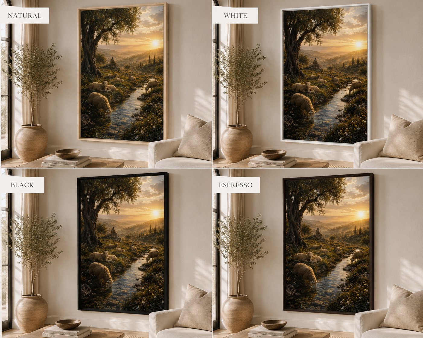 Four-panel comparison of a framed landscape wall art print shown in a living room setting, labeled NATURAL, WHITE, BLACK, and ESPRESSO. The artwork depicts a sunlit forest stream with trees, rocks, and warm golden light.