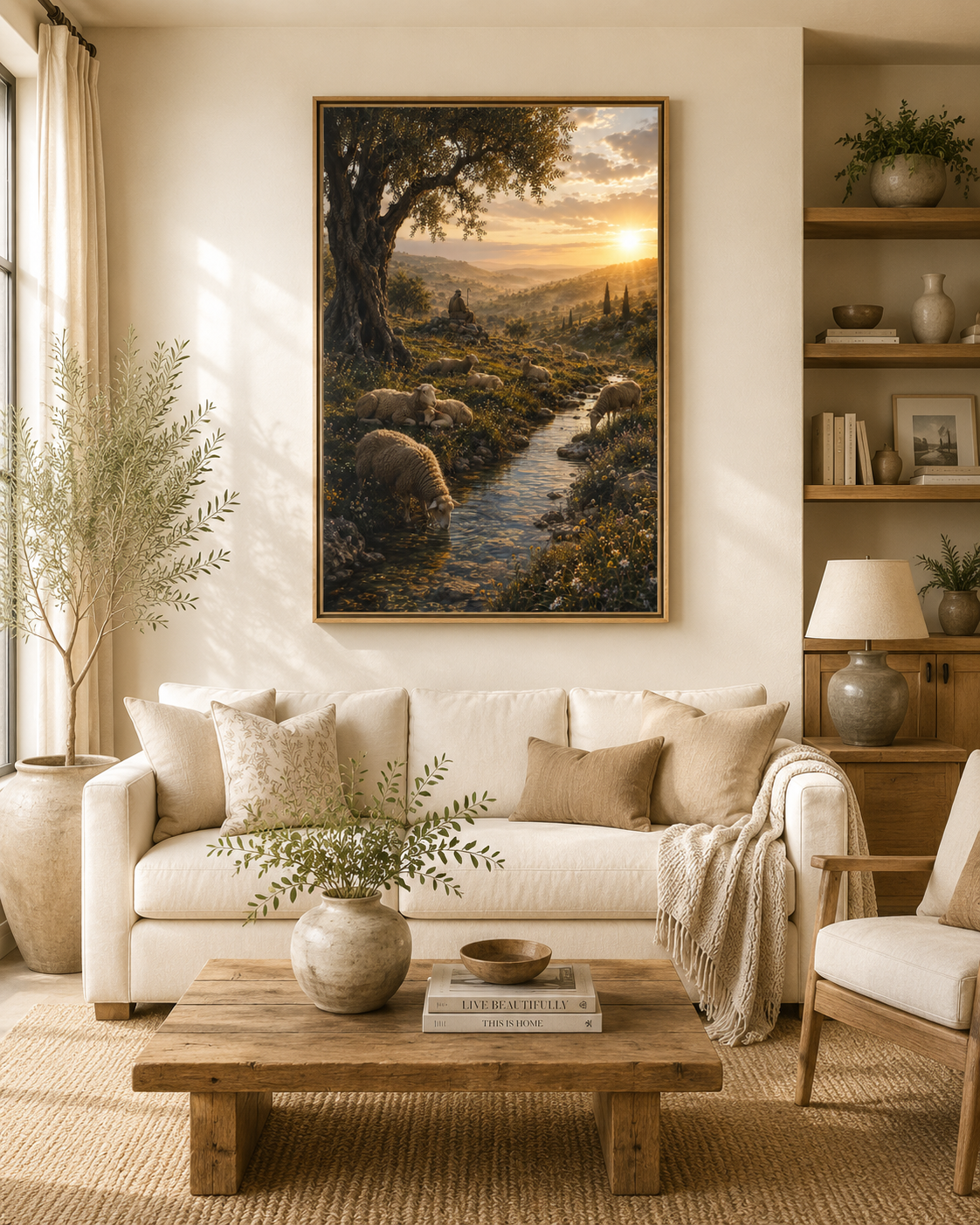 A framed landscape art print depicting a rustic forest stream at sunset with sheep, displayed on a beige wall in a styled living room with a white sofa, wooden coffee table, and shelving.