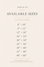A size chart graphic for Theo & Co. showing available sizes in inches, ranging from 8 x 10 to 40 x 60, on a light beige background.