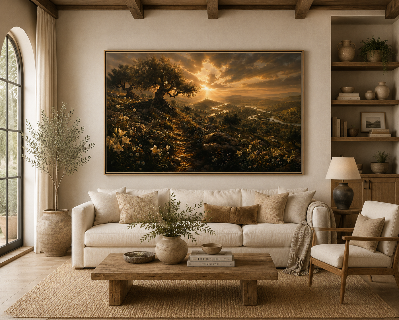 A large framed landscape art print depicting a golden sunset over a vineyard, displayed on a beige wall above a white sofa in a modern, rustic living room.