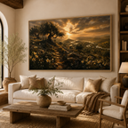 A large framed landscape art print depicting an olive tree and sunlit valley at sunset, displayed on a beige wall above a cream sofa in a styled living room.