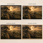 Four framed landscape art prints are shown in a 2x2 grid on a light beige background, each labeled with the frame type: BLACK FRAME, WHITE FRAME, ESPRESSO FRAME, and NATURAL FRAME. The artwork depicts a dramatic sunlit hillside with an olive tree, winding path, wildflowers, and rolling hills under a glowing sky.