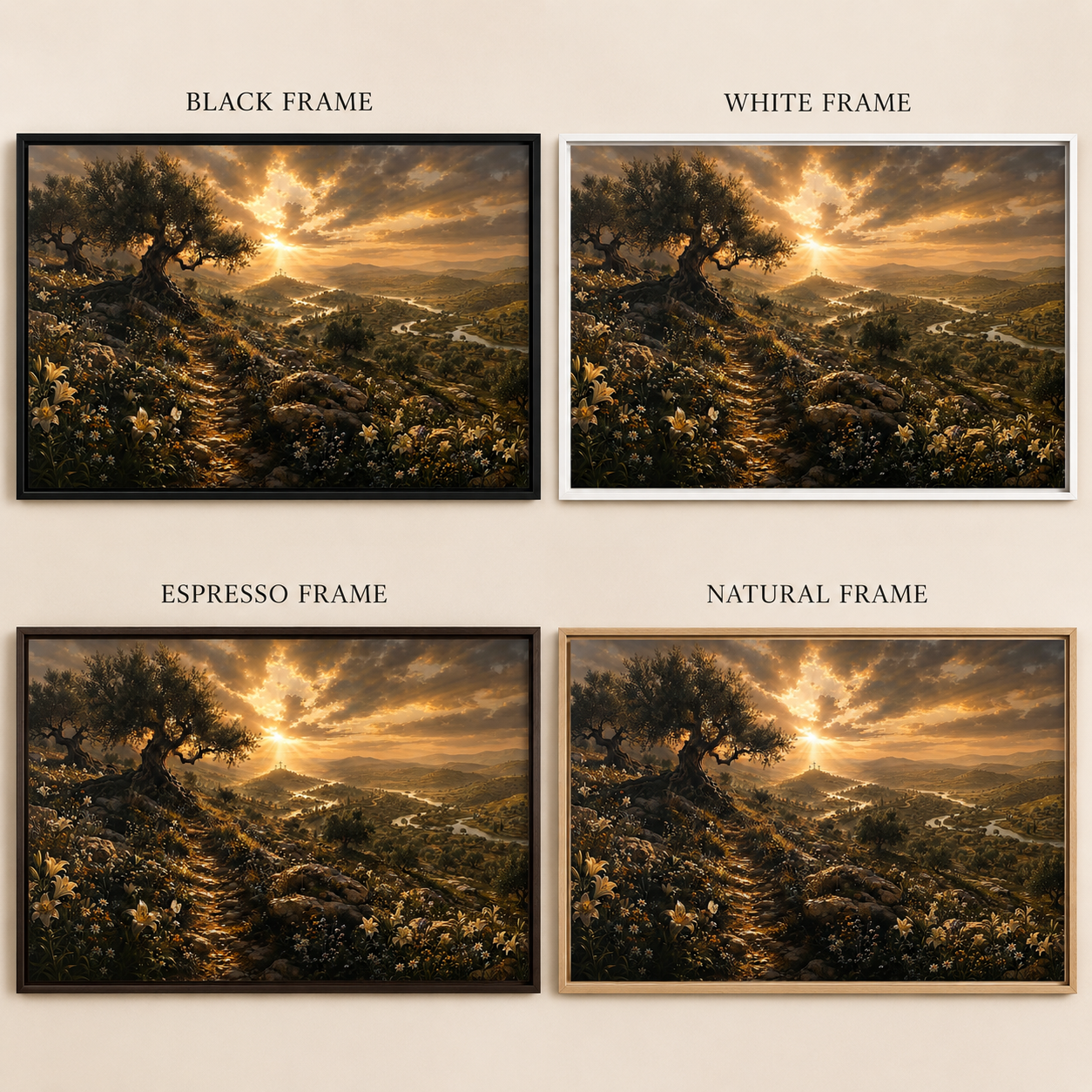Four framed landscape art prints are shown in a 2x2 grid on a light beige background, each labeled with the frame type: BLACK FRAME, WHITE FRAME, ESPRESSO FRAME, and NATURAL FRAME. The artwork depicts a dramatic sunlit hillside with an olive tree, winding path, wildflowers, and rolling hills under a glowing sky.