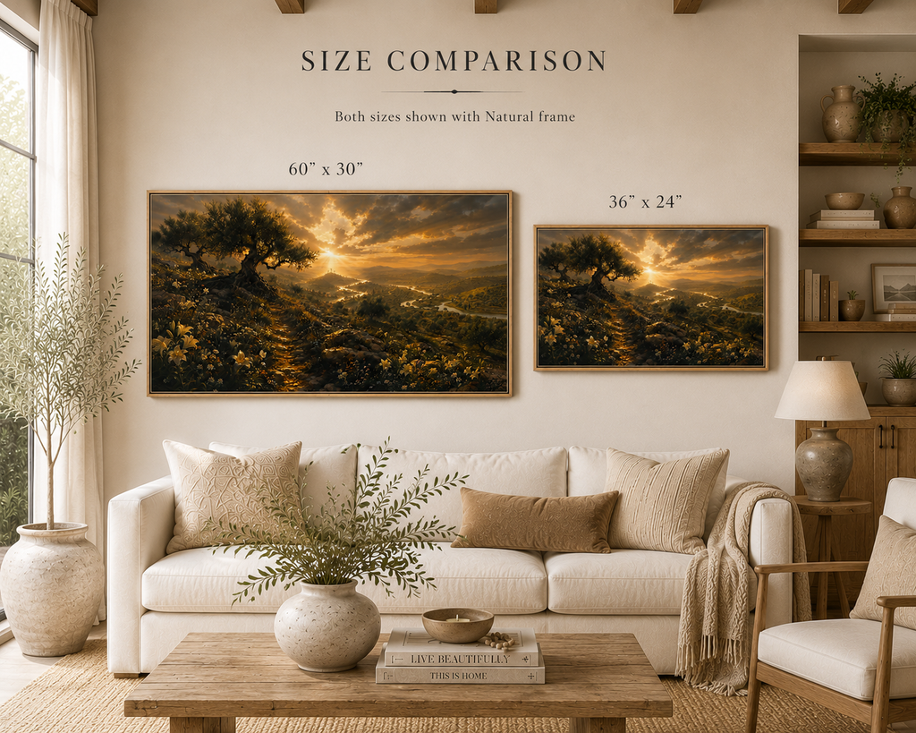 Two framed landscape art prints shown in a styled living room, with text above reading 'SIZE COMPARISON' and size labels '60" x 30"' and '36" x 24"'. The room includes a cream sofa, wooden coffee table, shelving, and plants.