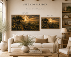 Two framed landscape art prints shown in a styled living room, with text above reading 'SIZE COMPARISON' and size labels '60" x 30"' and '36" x 24"'. The room includes a cream sofa, wooden coffee table, shelving, and plants.