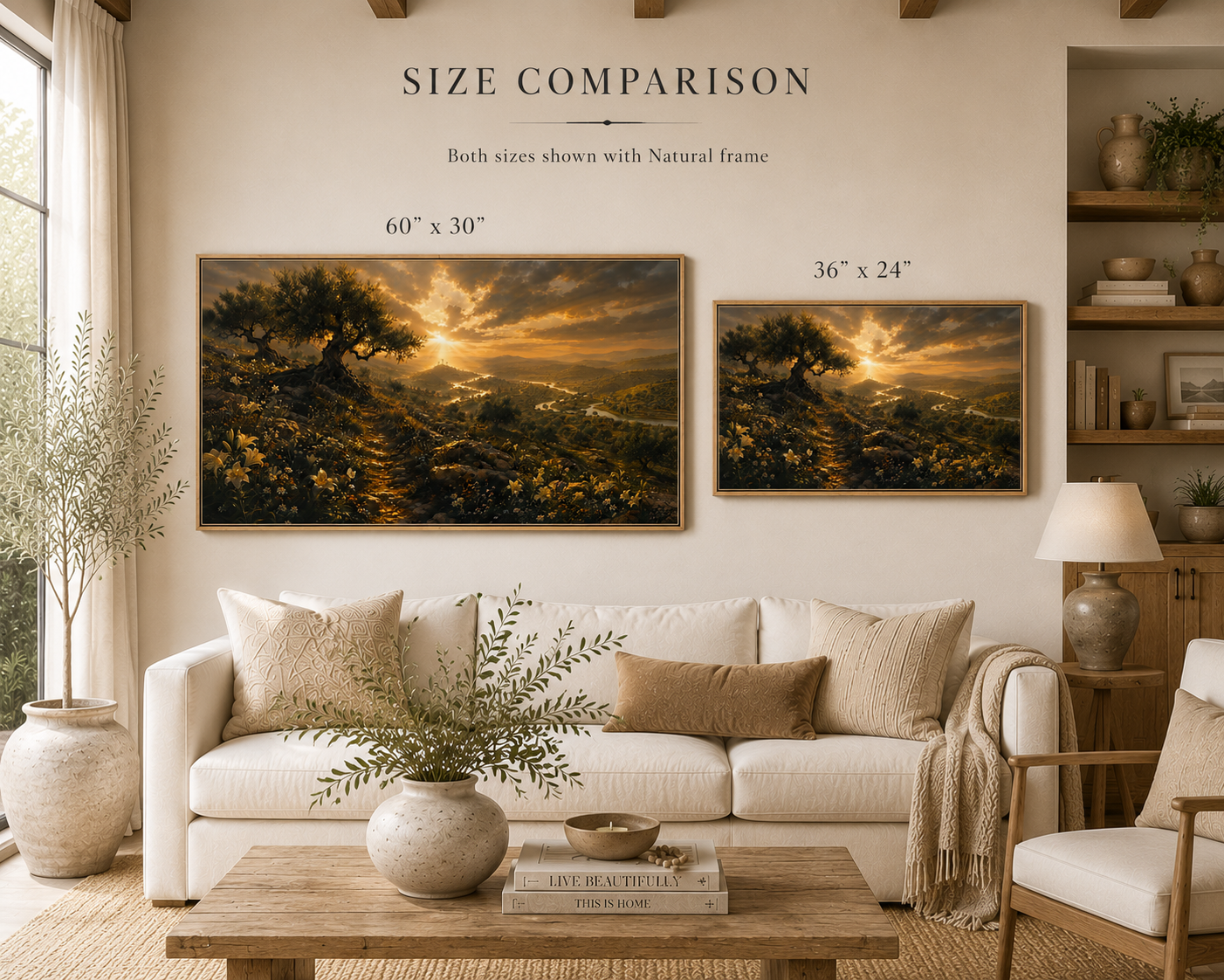 Two framed landscape art prints shown in a styled living room, with text above reading 'SIZE COMPARISON' and size labels '60" x 30"' and '36" x 24"'. The room includes a cream sofa, wooden coffee table, shelving, and plants.