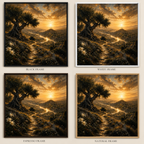 Four framed landscape art prints arranged in a 2x2 grid on a beige background. Each print shows a golden sunset over a rolling hillside with an olive tree and a winding path.