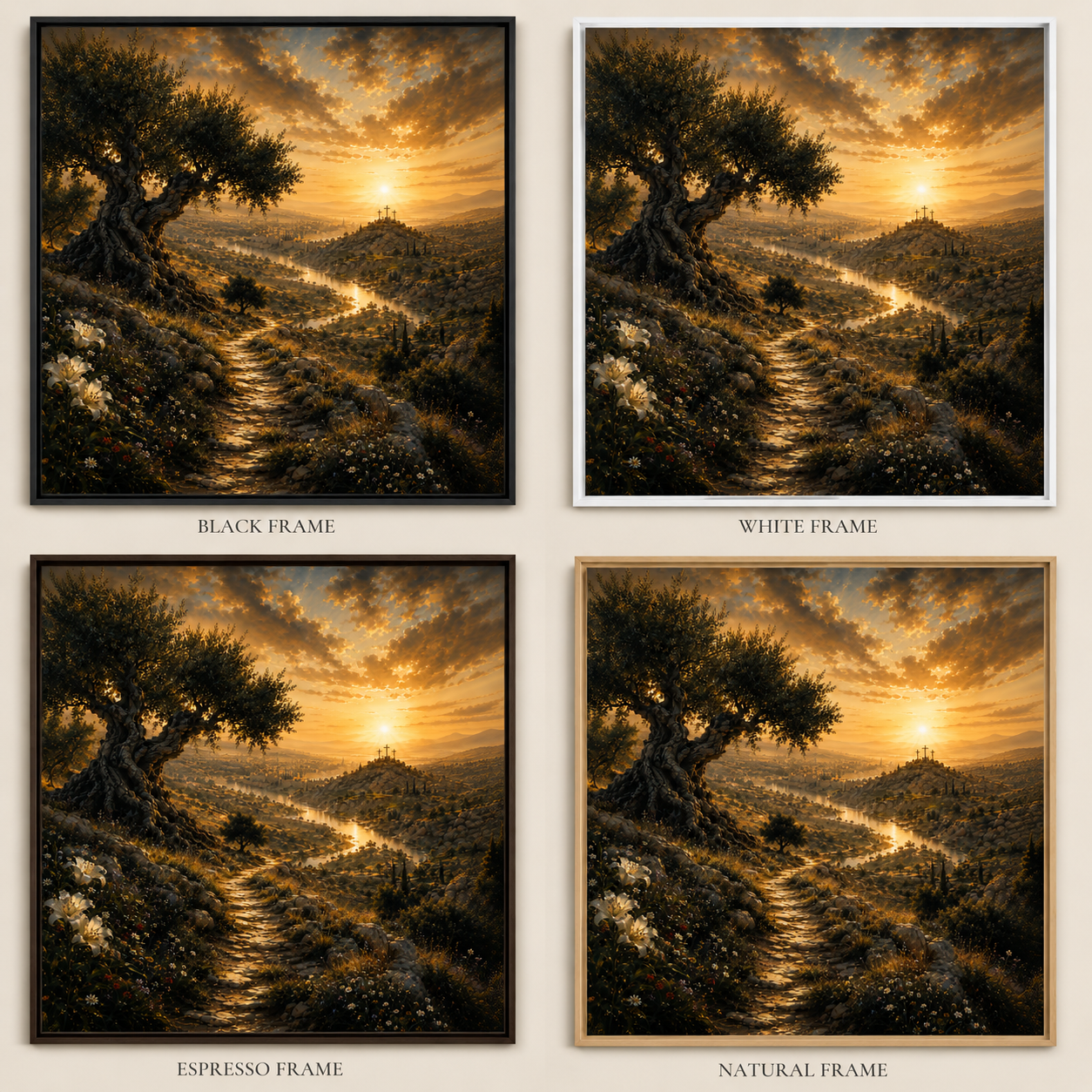 Four framed landscape art prints arranged in a 2x2 grid on a beige background. Each print shows a golden sunset over a rolling hillside with an olive tree and a winding path.