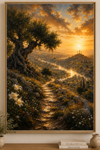A framed landscape art print depicting a golden sunset over a rolling valley with a winding path, a large tree on the left, and distant hills with a cross on top. The framed print is displayed on a light wall above a wooden surface with a small plant and books.