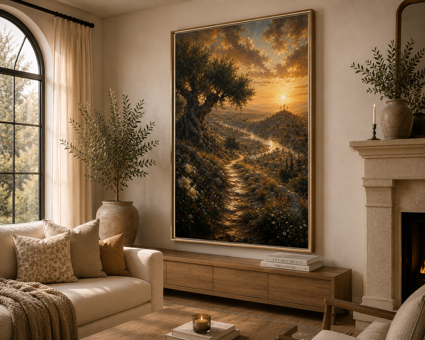A large framed landscape art print depicting a golden sunset over an olive grove and winding river valley, displayed on a beige wall in a modern, warm-toned living room setting.