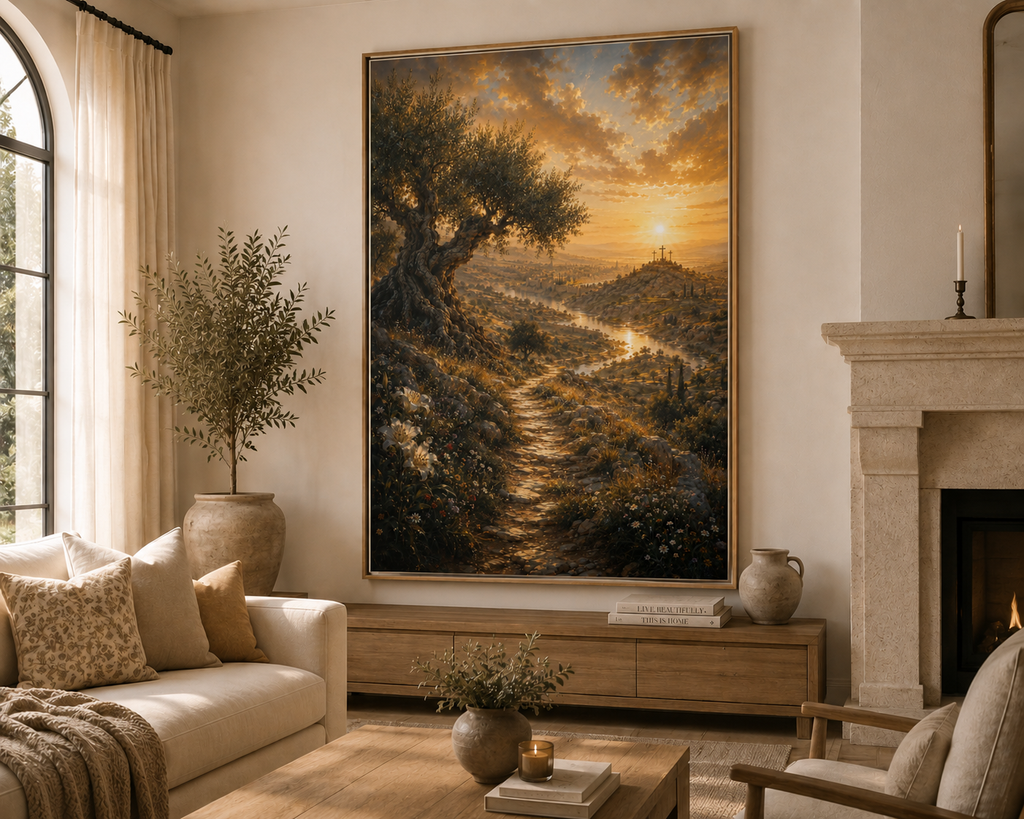A large framed landscape painting hangs on a beige wall in a styled living room. The artwork depicts a golden sunset over a vineyard or olive grove with a winding path, hills, and trees.
