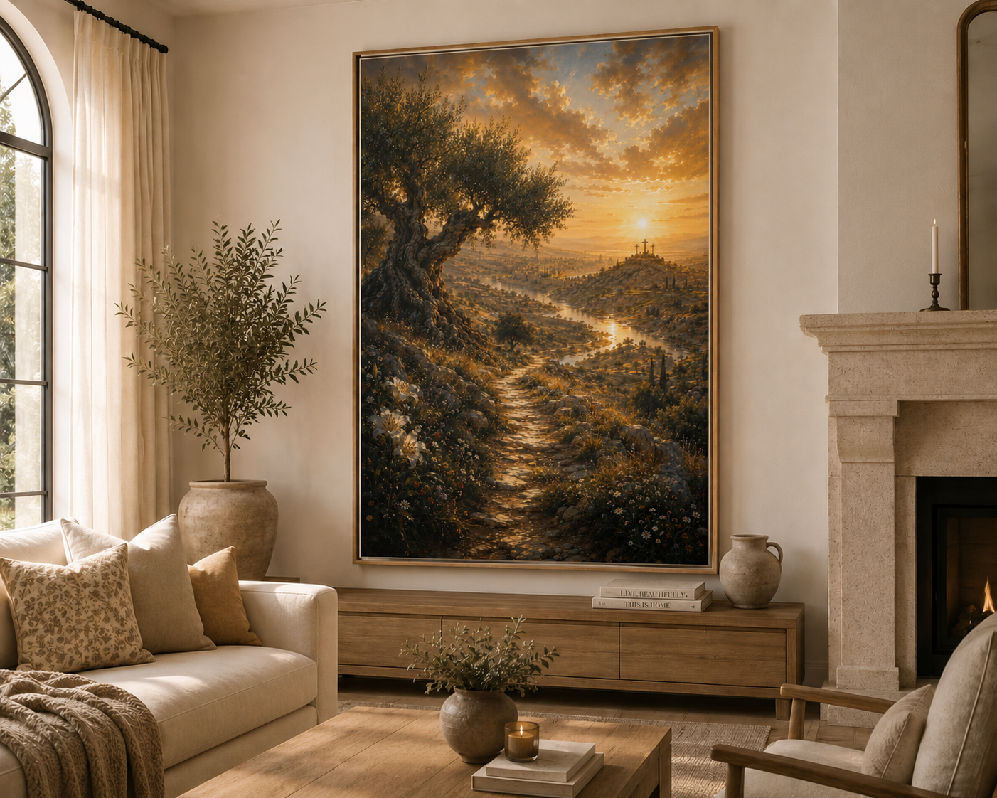 A large framed landscape painting hangs on a beige wall in a styled living room. The artwork depicts a golden sunset over a vineyard or olive grove with a winding path, hills, and trees.