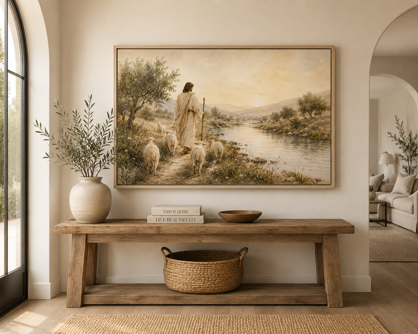 A framed landscape painting of Jesus walking with sheep and a shepherd by a river, displayed on a beige wall above a rustic wooden bench in a styled living room.
