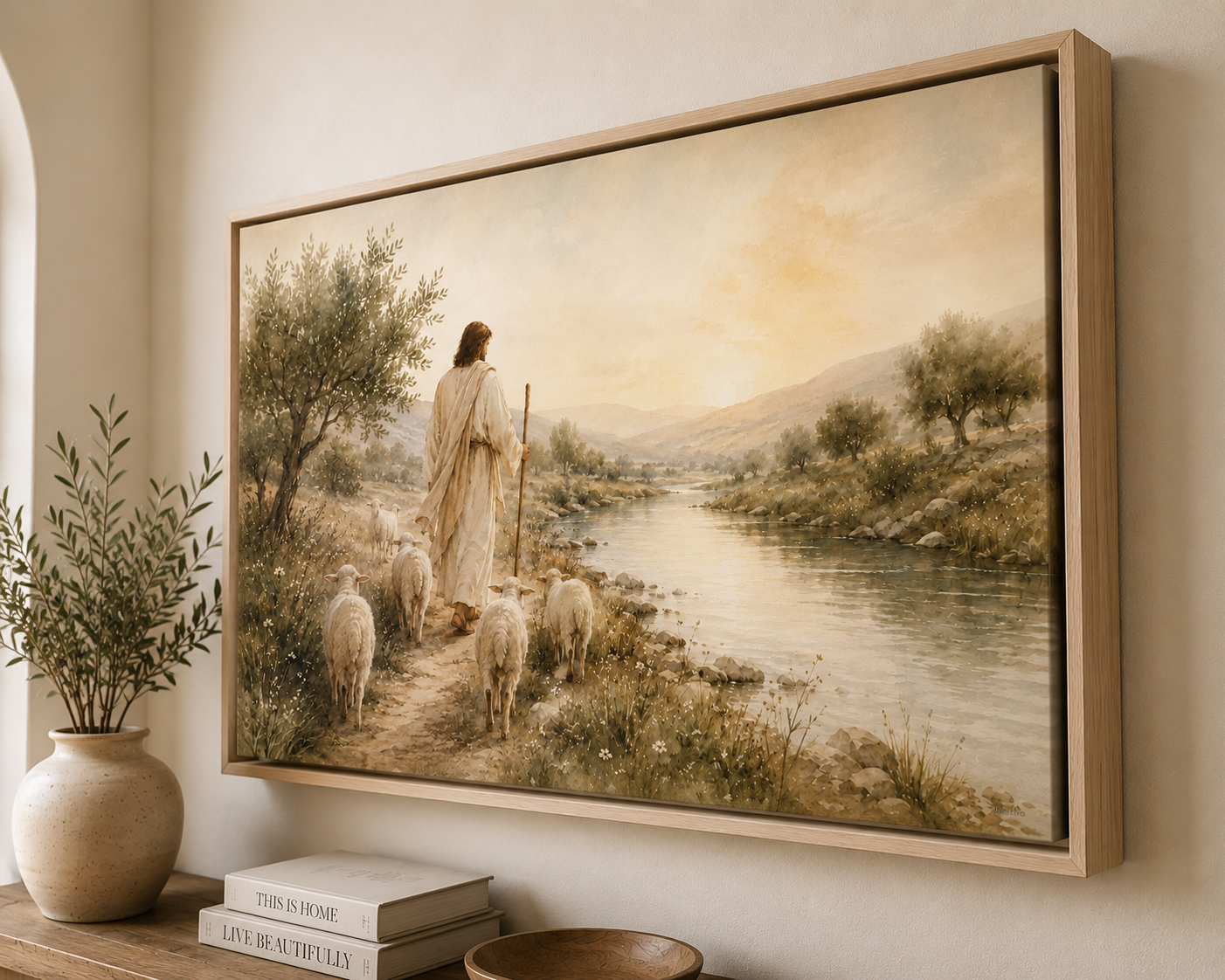 A large framed landscape painting hangs on a beige wall above a wooden console table. The artwork depicts a shepherd in a white robe standing by a river with sheep, trees, and hills in warm golden and brown tones.