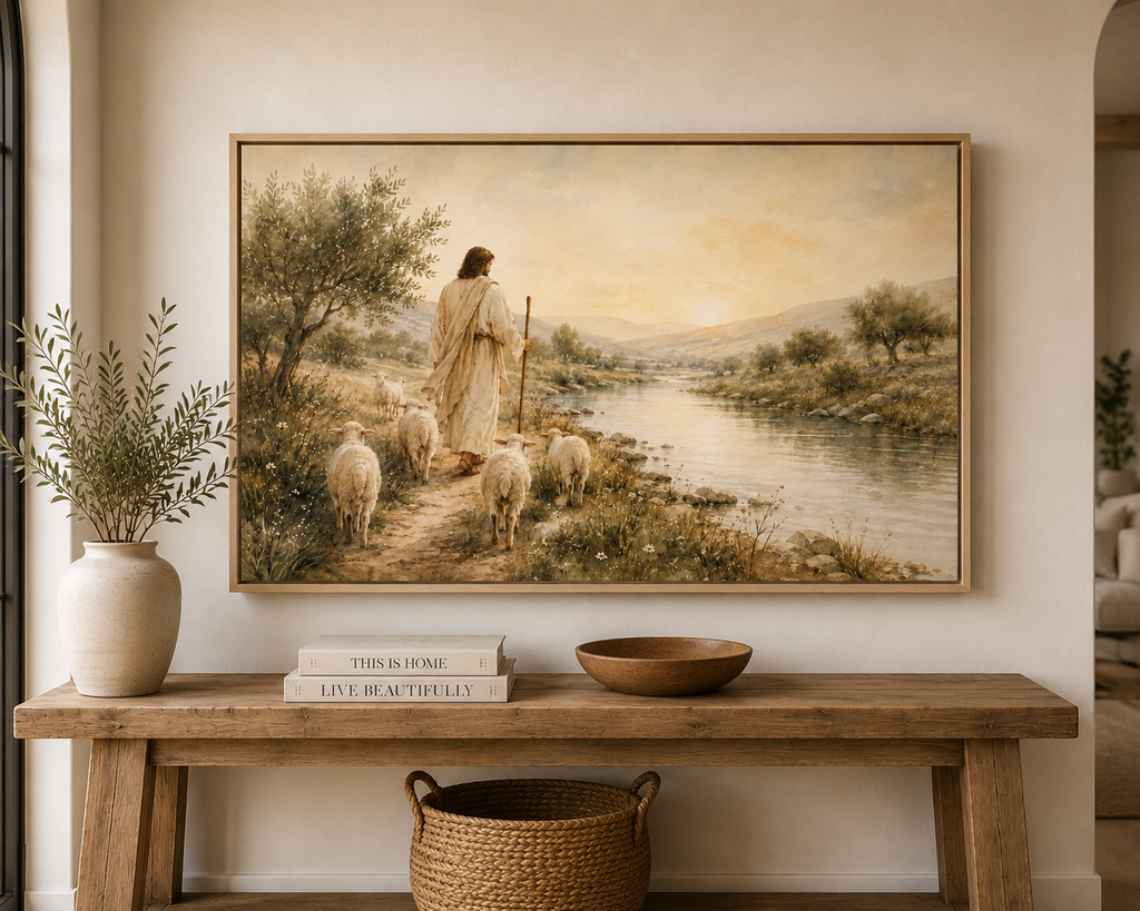 A large framed landscape painting hangs on a beige wall above a rustic wooden console table. The painting depicts a shepherd with sheep near a river in a warm, golden-toned scene.