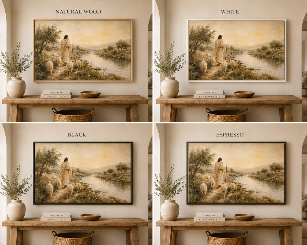 A 2x2 collage showing a framed landscape painting in four finish options: Natural Wood, White, Black, and Espresso. Each panel shows the framed art hanging on a beige wall above a wooden console table with decorative vases and books.