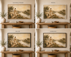 A 2x2 collage showing a framed landscape painting in four finish options: Natural Wood, White, Black, and Espresso. Each panel shows the framed art hanging on a beige wall above a wooden console table with decorative vases and books.
