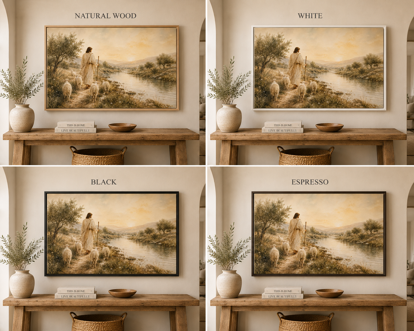 A 2x2 collage showing a framed landscape painting in four finish options: Natural Wood, White, Black, and Espresso. Each panel shows the framed art hanging on a beige wall above a wooden console table with decorative vases and books.