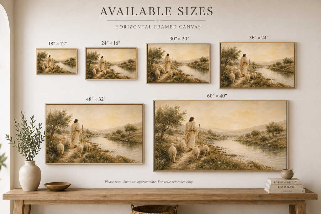 Six framed horizontal canvas wall art prints with classical landscape paintings are displayed on a beige wall above a wooden console table. The image includes size labels for different frame sizes (18"x12", 24"x16", 30"x20", 36"x24", 48"x32", 60"x40") and the text 'AVAILABLE SIZES'.