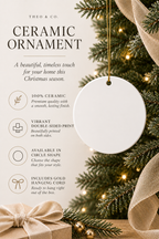 A ceramic Christmas ornament mockup hanging from a gold cord on a decorated tree, with product text on the left and a warm holiday background featuring pine branches, lights, and ribbon.