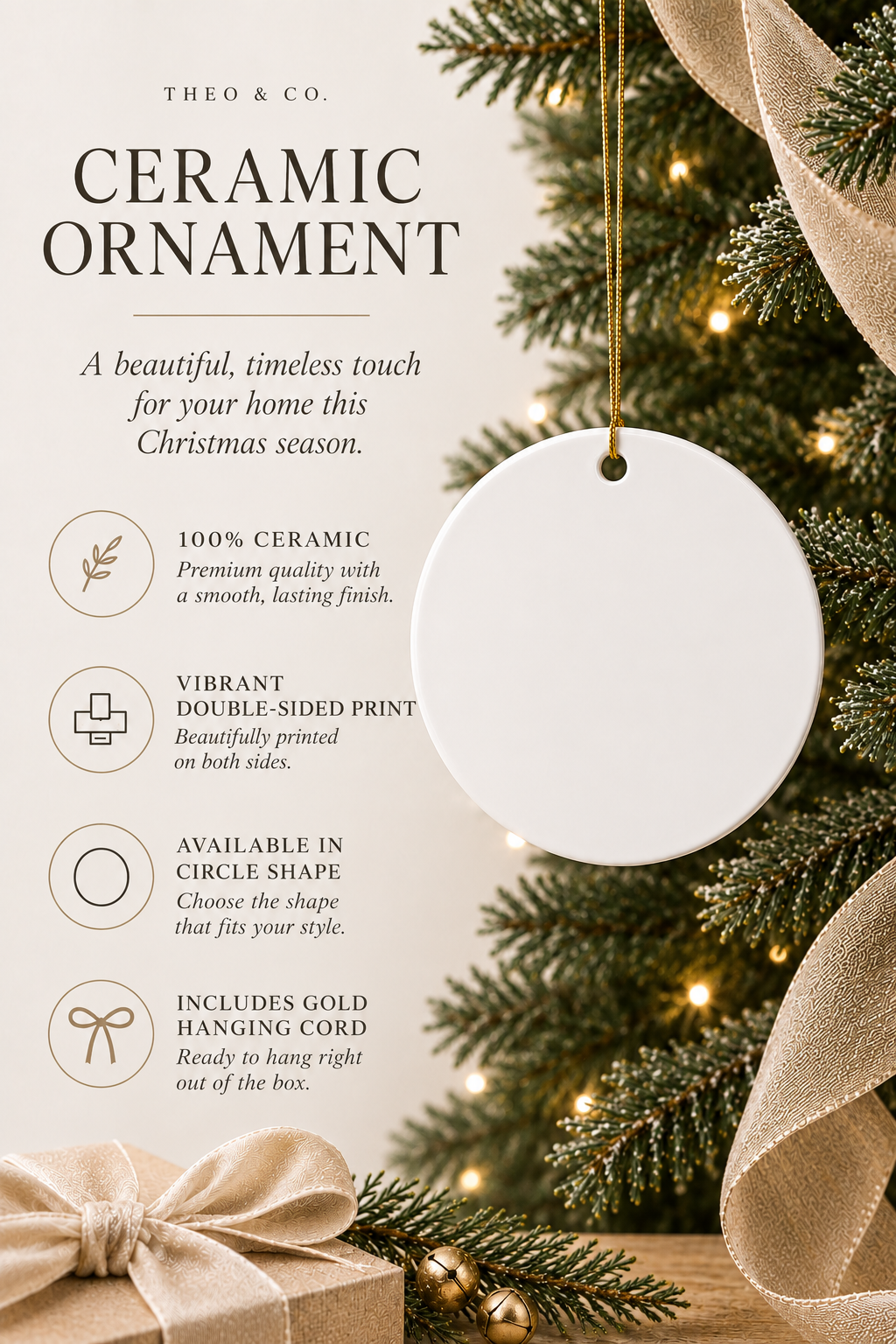 A ceramic Christmas ornament mockup hanging from a gold cord on a decorated tree, with product text on the left and a warm holiday background featuring pine branches, lights, and ribbon.