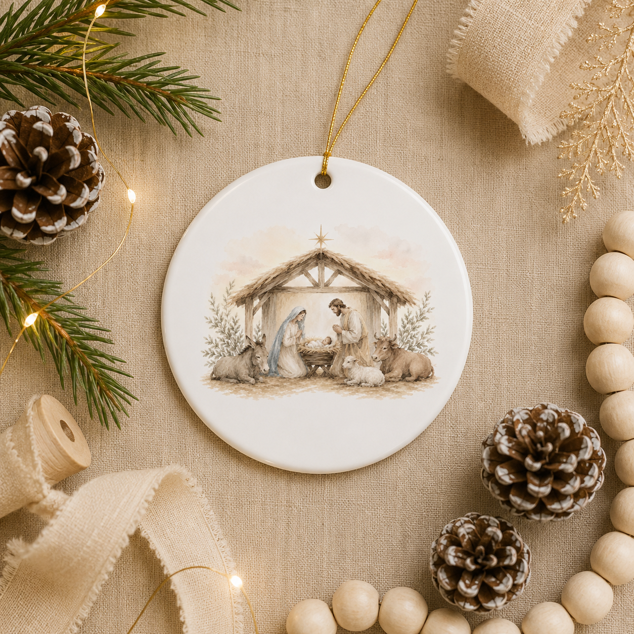 A round white ceramic Christmas ornament featuring a painted nativity scene, hanging by a gold string on a beige fabric surface with pine branches, pinecones, beads, and ribbon around it.