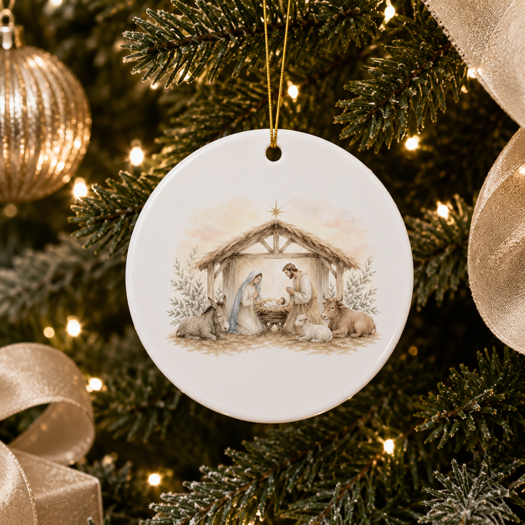A round white ceramic Christmas ornament featuring a painted nativity scene with Mary, Joseph, baby Jesus, and animals, hanging from a gold string on a decorated Christmas tree with gold lights and ribbons.