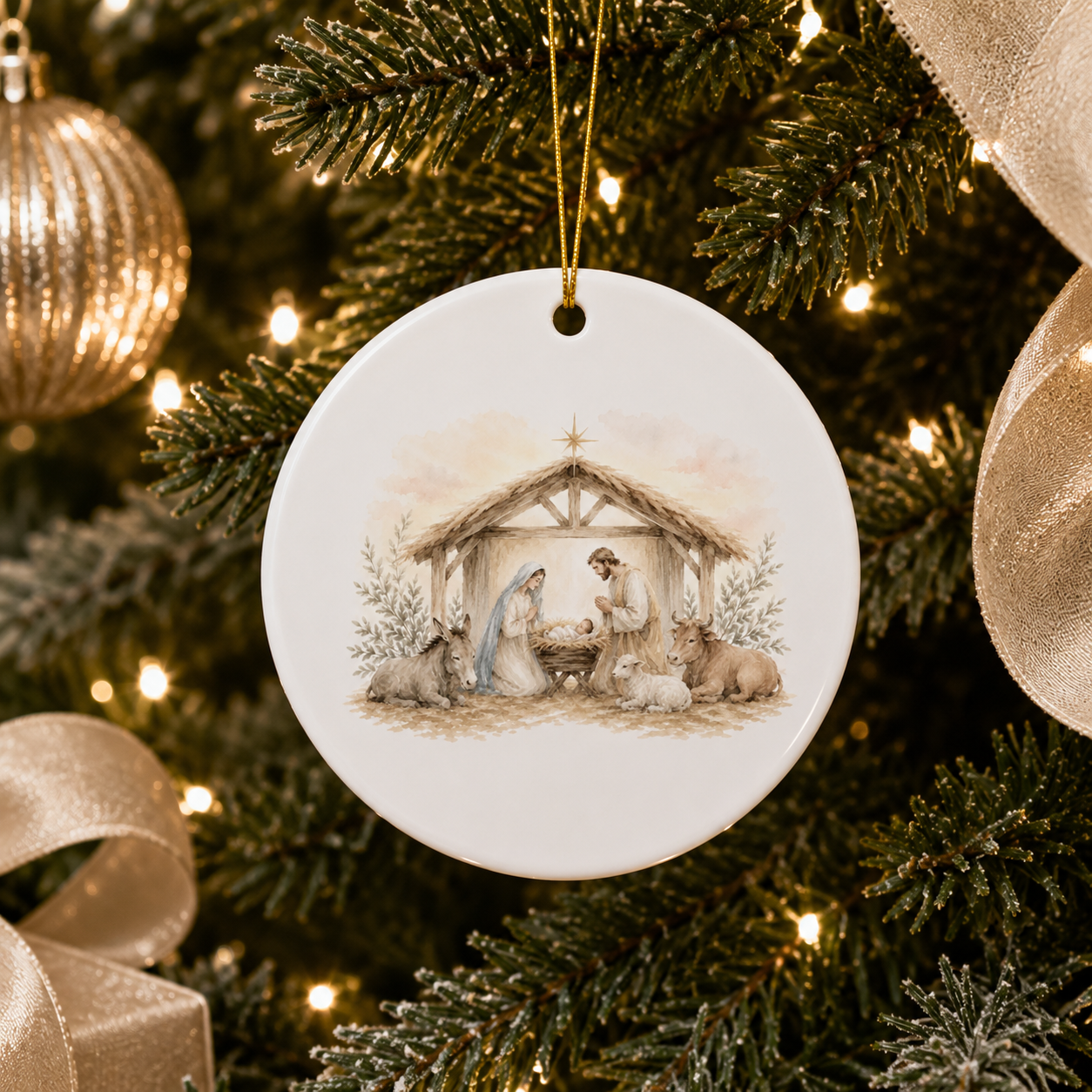 A round white ceramic Christmas ornament featuring a painted nativity scene with Mary, Joseph, baby Jesus, and animals, hanging from a gold string on a decorated Christmas tree with gold lights and ribbons.