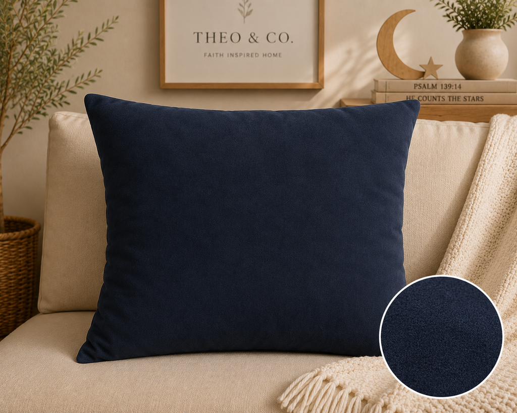 A navy blue throw pillow displayed on a beige sofa in a styled living room setting, with a circular fabric swatch inset in the bottom right corner.