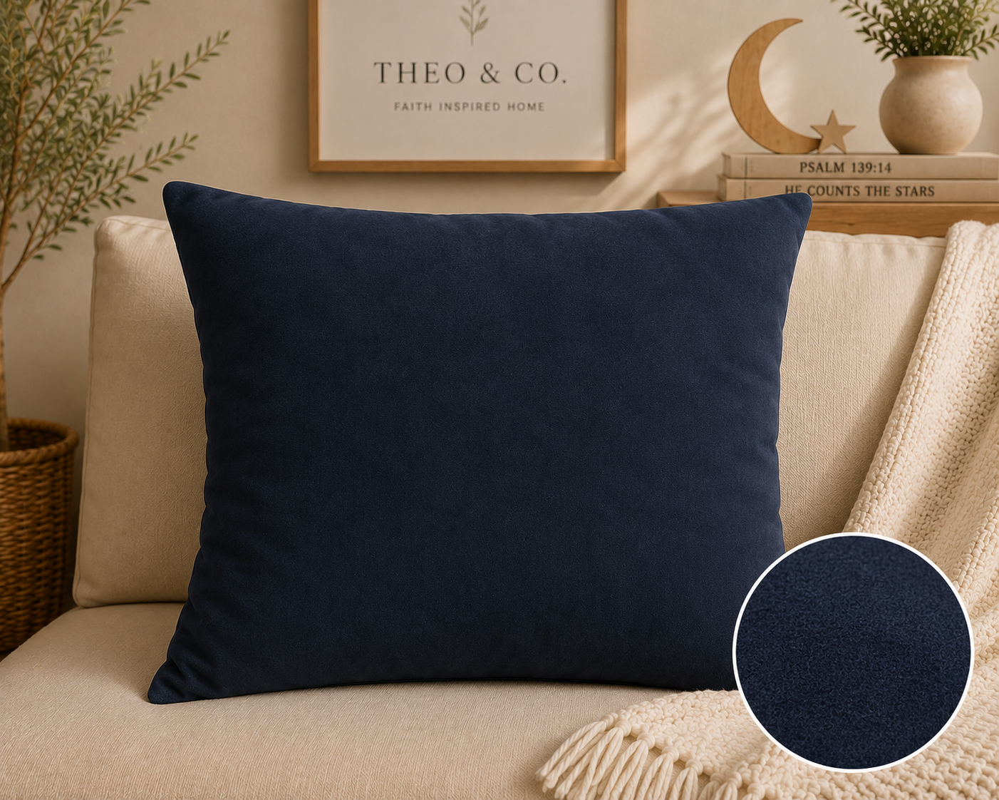 A navy blue throw pillow displayed on a beige sofa in a styled living room setting, with a circular fabric swatch inset in the bottom right corner.