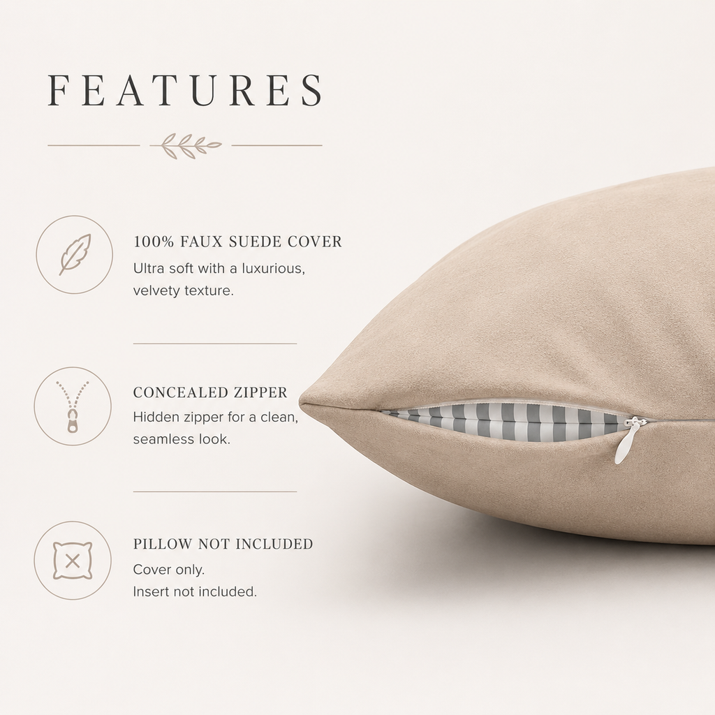 A beige faux suede pillow cover shown on a light cream background with feature callouts. The right side shows a close-up of the pillow cover with a partially unzipped edge revealing a gray-and-white gingham lining.