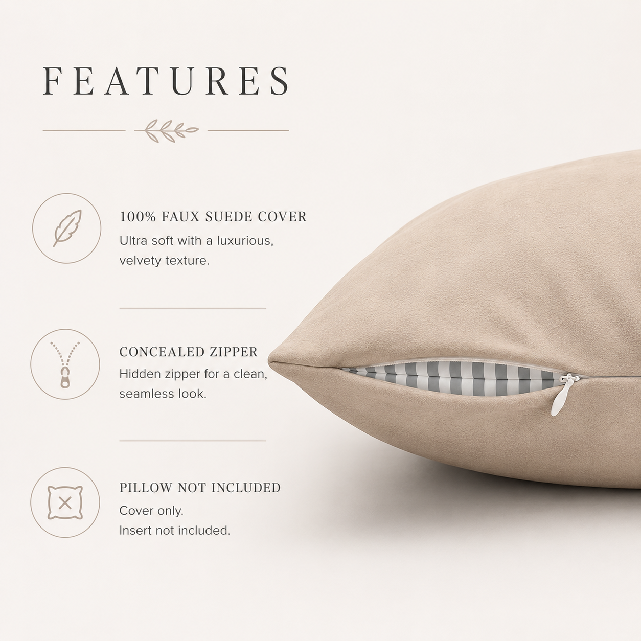 A beige faux suede pillow cover shown on a light cream background with feature callouts. The right side shows a close-up of the pillow cover with a partially unzipped edge revealing a gray-and-white gingham lining.