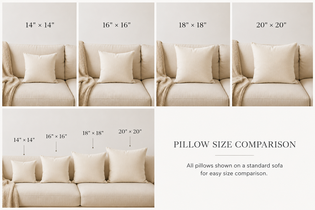 Pillow size comparison chart showing five cream throw pillows on a beige sofa, labeled with dimensions: 14" x 14", 16" x 16", 18" x 18", 20" x 20", and a row of smaller pillows. Text on the right reads 'Pillow Size Comparison' with a note that all pillows are shown on a standard sofa for easy size comparison.