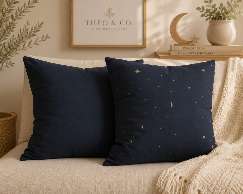 Two navy throw pillows on a beige sofa, with one pillow featuring a gold star and moon pattern. A cream knit throw blanket is draped over the sofa, with a framed print and books in the background.