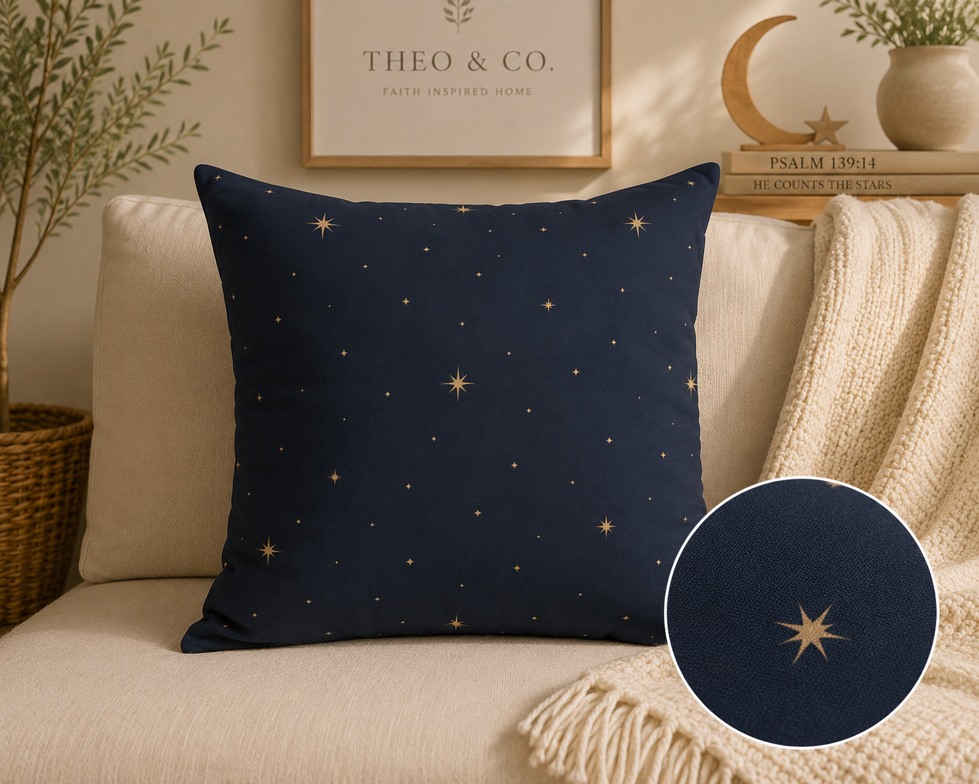 A navy blue throw pillow with a gold star pattern, styled on a beige sofa with a cream knit blanket and a circular fabric detail inset.