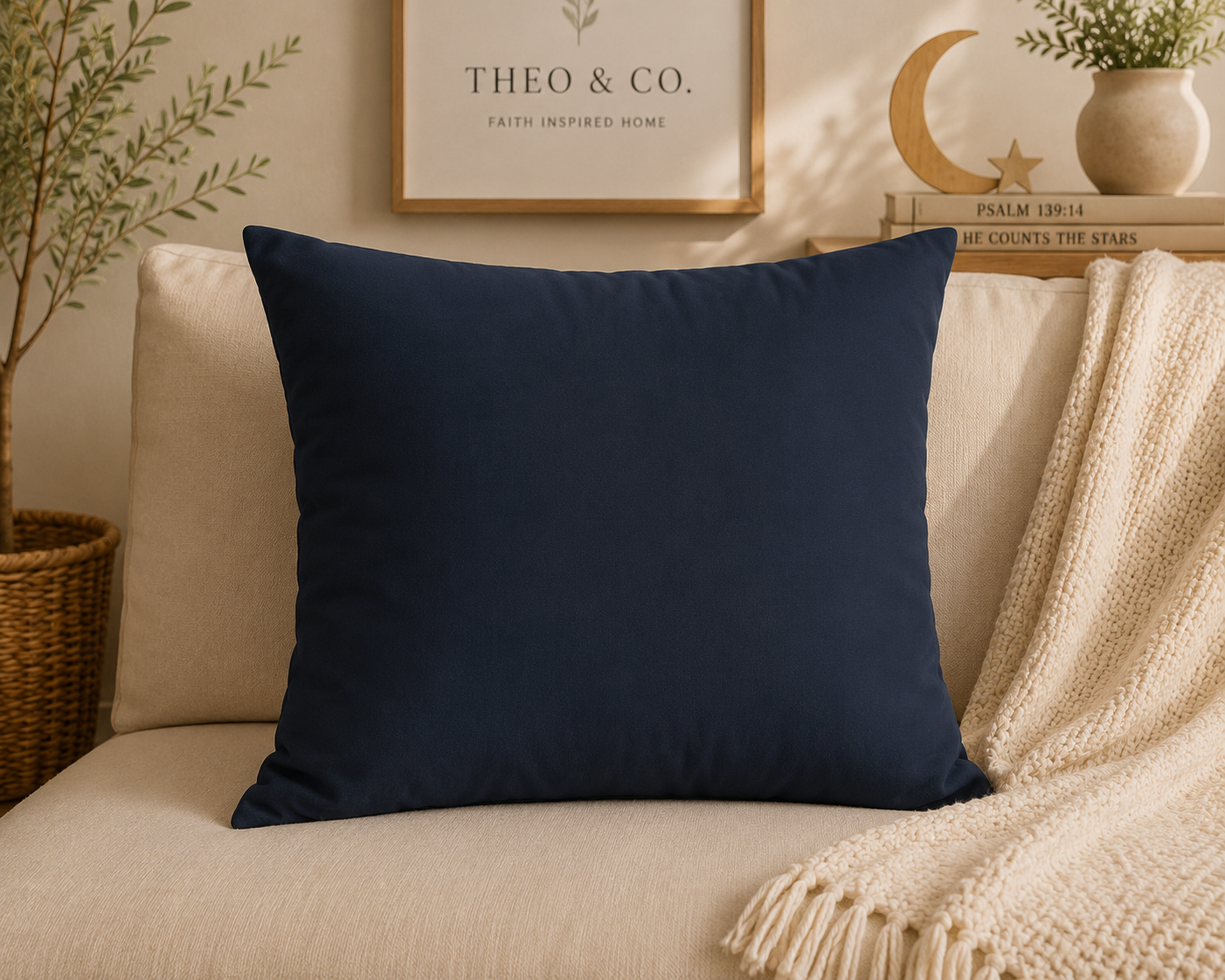 A navy blue square throw pillow displayed on a beige sofa in a cozy, styled living room setting with a cream knit blanket, a framed print, and decorative plants.