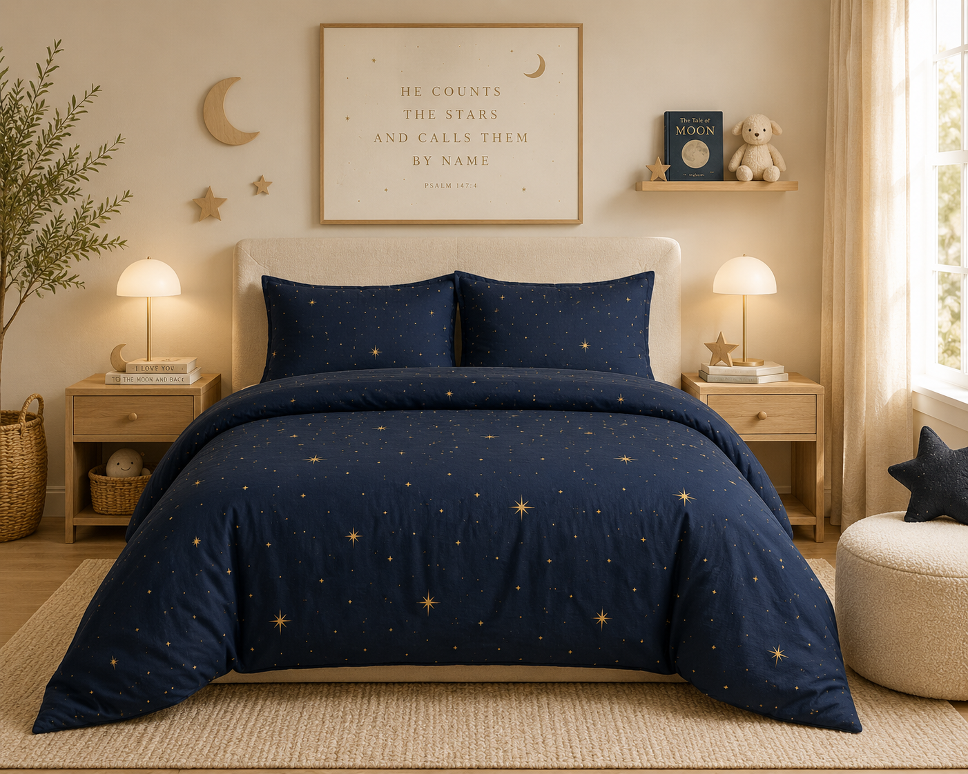 A navy blue bedding set with a starry night sky pattern is styled on a bed in a warm, cozy bedroom. The set includes a duvet cover and two matching pillowcases, decorated with small gold stars and larger glowing starburst motifs.