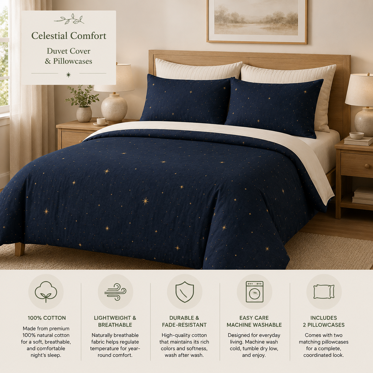 A bed dressed in a navy blue duvet cover and matching pillowcases with small gold star prints, shown in a styled bedroom scene. Text on the left reads 'Celestial Comfort' and 'Duvet Cover & Pillowcases,' and a row of feature icons appears along the bottom describing the product.