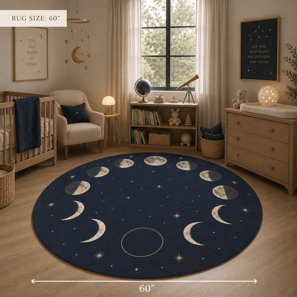 A round navy blue rug with a moon phase and star pattern is shown in a styled nursery room. The image includes dimension overlays indicating the rug size is 60 inches by 60 inches.