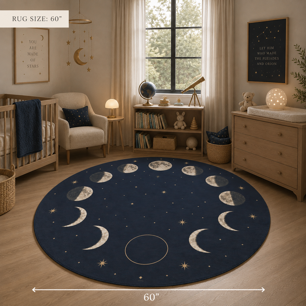A round navy blue rug with a moon phase and star pattern is shown in a styled nursery room. The image includes dimension overlays indicating the rug size is 60 inches by 60 inches.