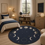 A round area rug with a celestial moon and star pattern in navy blue, beige, and white, styled in a cozy, modern children's bedroom.