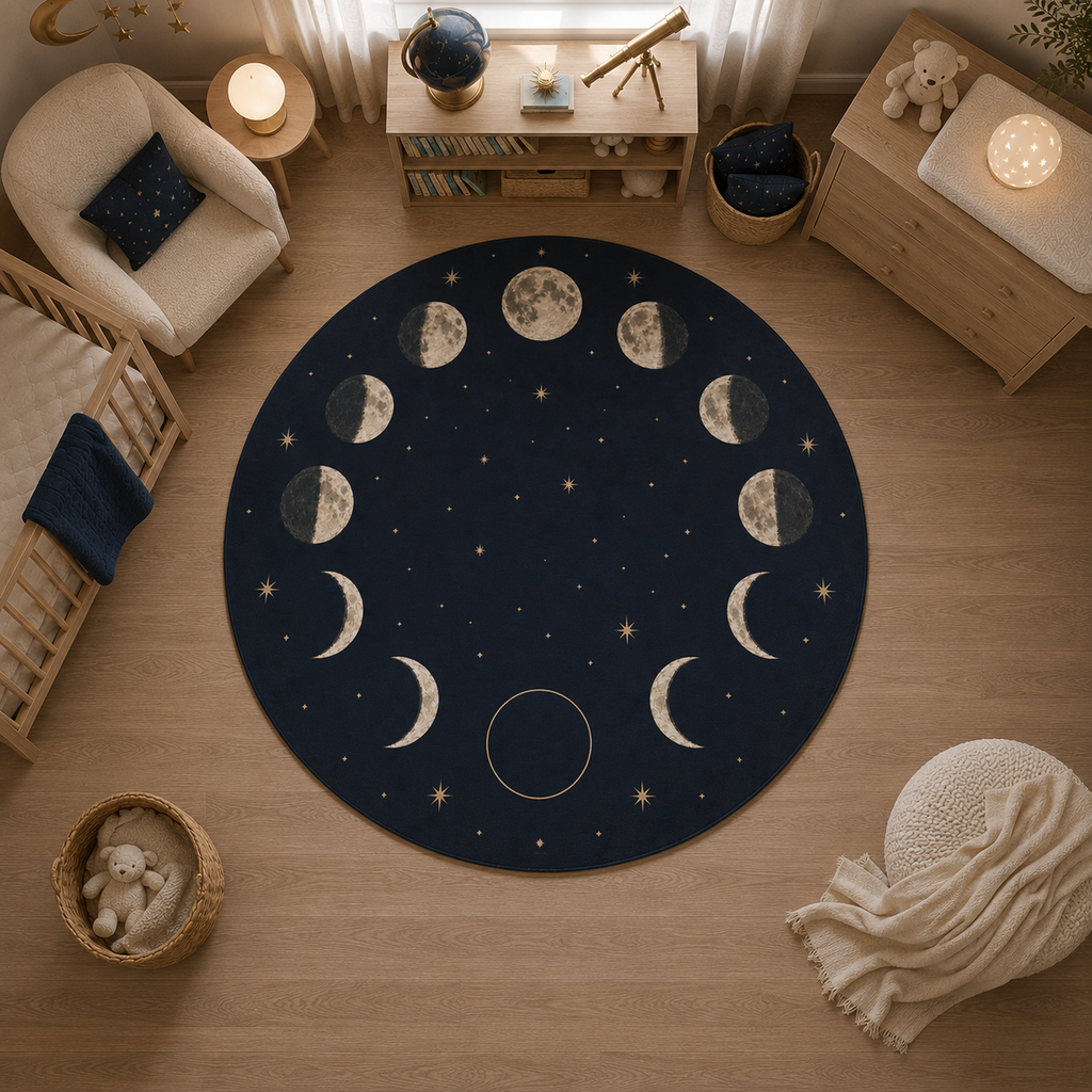 A round dark navy rug with a moon phase and star pattern, styled in a cozy children's bedroom with wooden floors and light wood furniture.